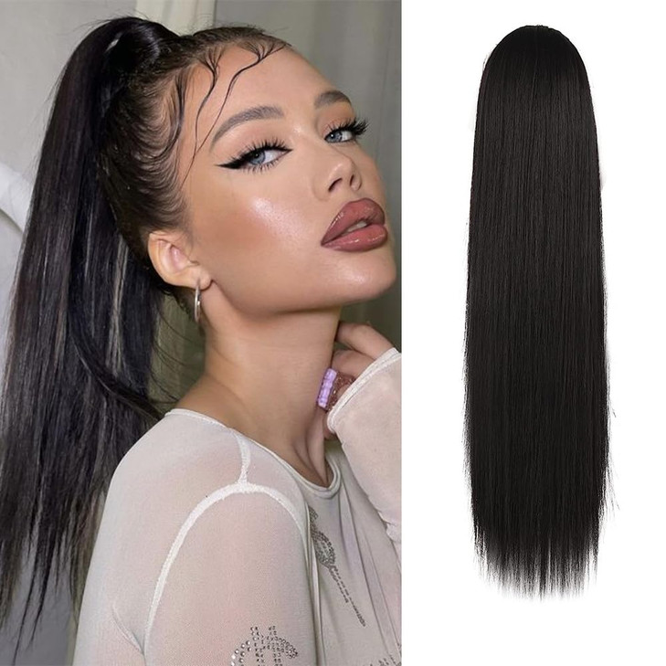 BARSDAR Dark Brown Ponytail Extension 16 Inch Short Straight Drawstring Ponytail Extensions for Women Synthetic Drawstri