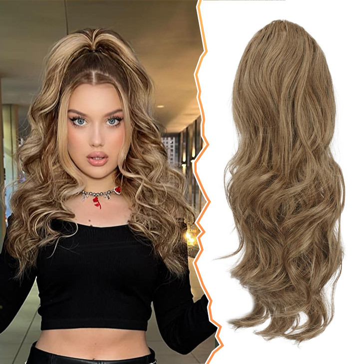 BARSDAR Short Wavy Drawstring Ponytail 16 Inch Synthetic Clip in Hair Extensions Ash Brown Mixed