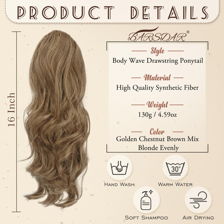 BARSDAR Short Wavy Drawstring Ponytail 16 Inch Synthetic Clip in Hair Extensions Ash Brown Mixed