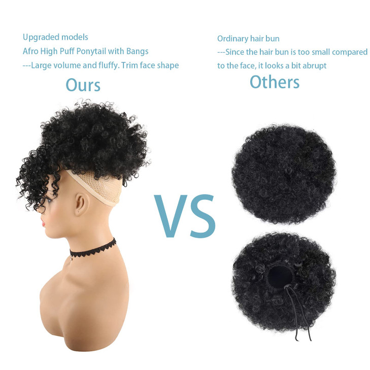 CINHOO Curly Ponytail Wig for Black Women Afro High Puff Bun Hair Piece With Bangs Synthetic Drawstring Extension for Na