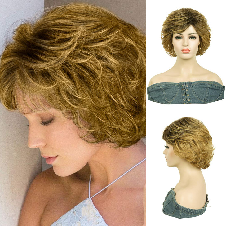 Kalyss Short Curly Wavy Blonde Wigs for Women Ombre Blonde Wigs with Hair Bangs Dark Roots Synthetic Full Hair Wig 10 In