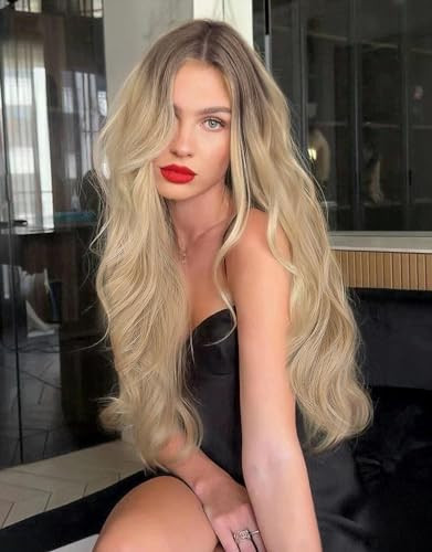 EALGA Dark Brown Ombre Blonde Lace Front Wigs for Women Glueless Synthetic Hair Wavy Wig with Flawless Hairline 24 inche