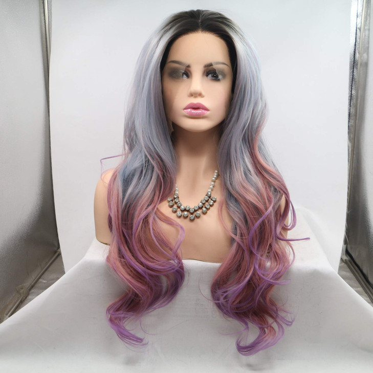 sylvia 24 Grey to Peach Purple Ombre Lace Front Wig Dark Roots Natural Body Wave Soft Half Hand Tied Wig 180 Density Hea