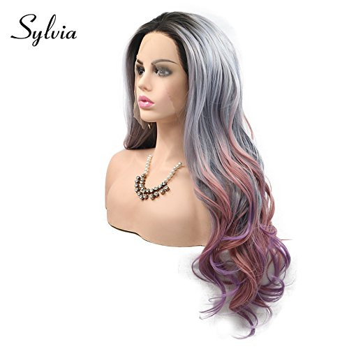 sylvia 24 Grey to Peach Purple Ombre Lace Front Wig Dark Roots Natural Body Wave Soft Half Hand Tied Wig 180 Density Hea