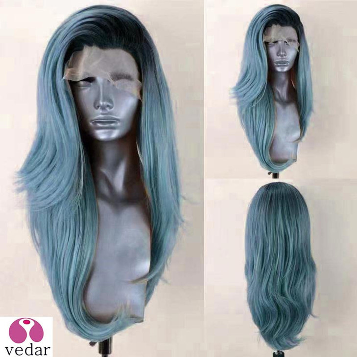 vedar Sea Queen Greenish Blue Mermaid Lace Front Wigs Ombre Black Rooted Blue Hair Best Blue Wigs for Cosplay Celebrity