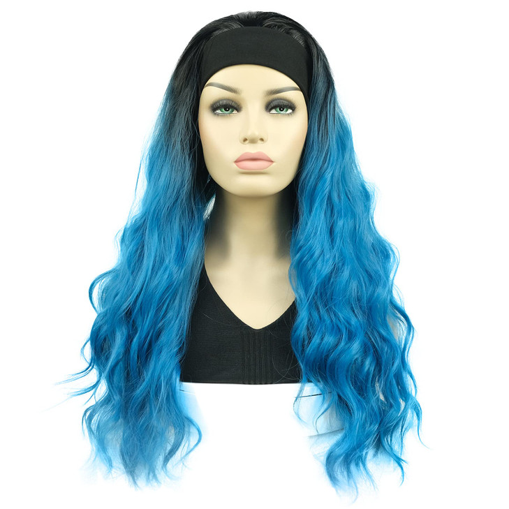 Lydell 24 Long 34 Wavy Wigs Black Blue Ombre Hair Headband Synthetic Wigs 1T4330