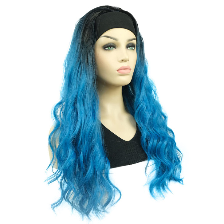 Lydell 24 Long 34 Wavy Wigs Black Blue Ombre Hair Headband Synthetic Wigs 1T4330