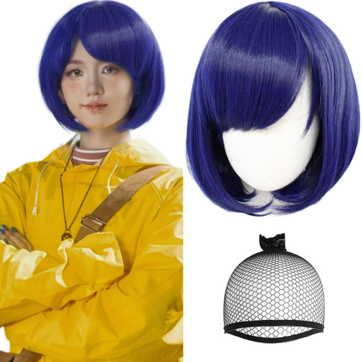 ANOGOL Hair Cap Blue Cosplay Wig with Bangs Short Natural Navy Bob Wigs for Women Blue Bob Wigs for Movie Anime Cosplay