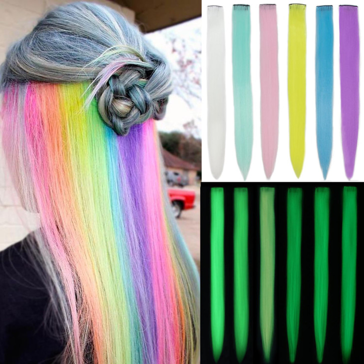 18pcs Colored Hair Extensions Clip Ins Glow in the Dark Hair Extension 20inch Multicolor Hair Piece for Kids Girls Women