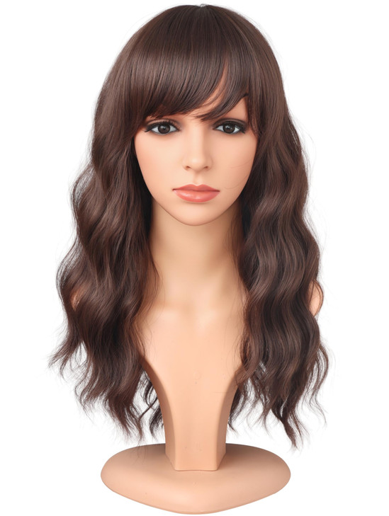 SYMEIW Medium Length Dark Brown Wavy Wigs With Bangs For Women Heat Resistant Synthetic Brown Wigs For Daily Use DARK BR