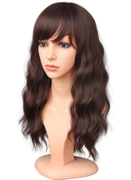 SYMEIW Medium Length Dark Brown Wavy Wigs With Bangs For Women Heat Resistant Synthetic Brown Wigs For Daily Use DARK BR