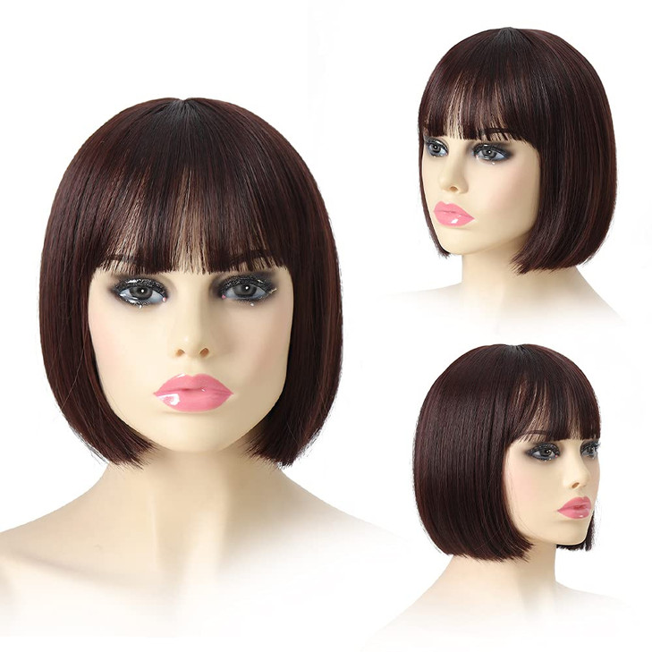 SYXLCYGG Short Brown Wigs Bob Wig With Bangs Synthetic 10 Straight Womens Hair Wigs Girl Cosplay Party White Women Daily
