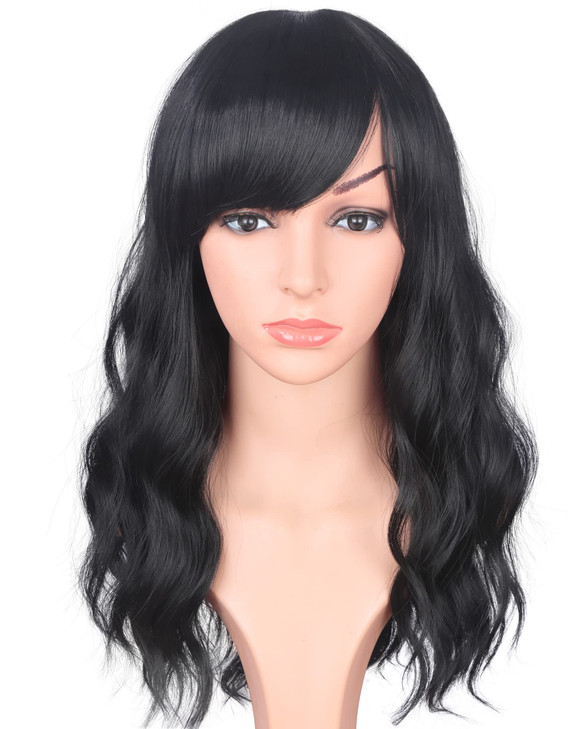 Medium Long Black Wavy Wigs For Women Synthetic Full Hair Natural Black Wigs With Side Bangs For Daily Use 16 Inches NAT