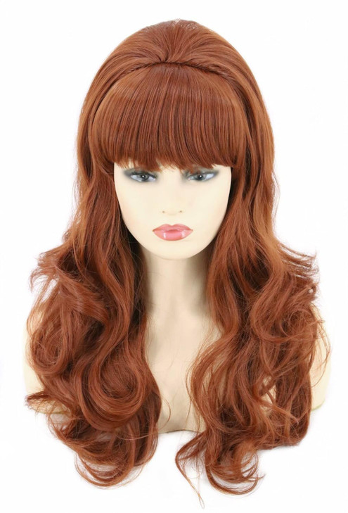 Topcosplay Womens 60s Costume Wig Auburn Brown Big Bouffant Beehive Wig Hair Long Wavy Halloween Party Wigs