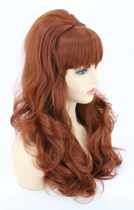Topcosplay Womens 60s Costume Wig Auburn Brown Big Bouffant Beehive Wig Hair Long Wavy Halloween Party Wigs