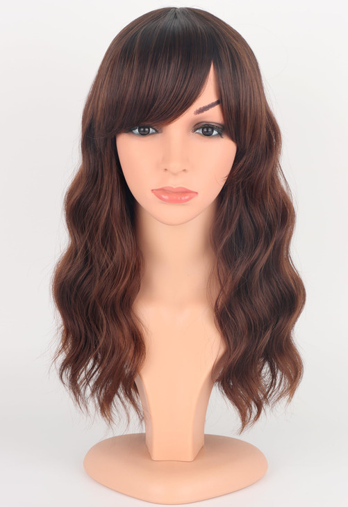SYMEIW Brown Wavy Wigs For Women Synthetic Wigs With Bangs For Daily Use 16 InchOmbre Brown
