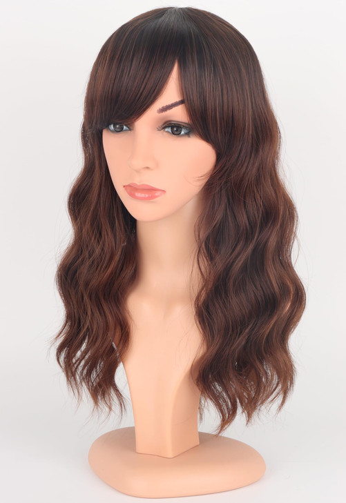 SYMEIW Brown Wavy Wigs For Women Synthetic Wigs With Bangs For Daily Use 16 InchOmbre Brown
