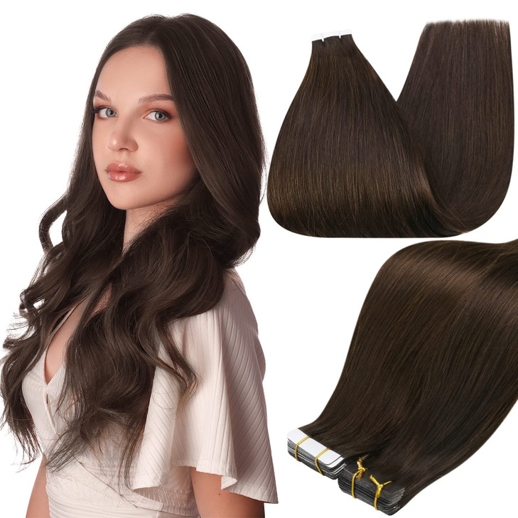 Full Shine 12Inch Tape ins Human Hair Extensions Short Seamless Remy Pu Tape Extensions 30G 20Pcs Color 2 Darkest Brown