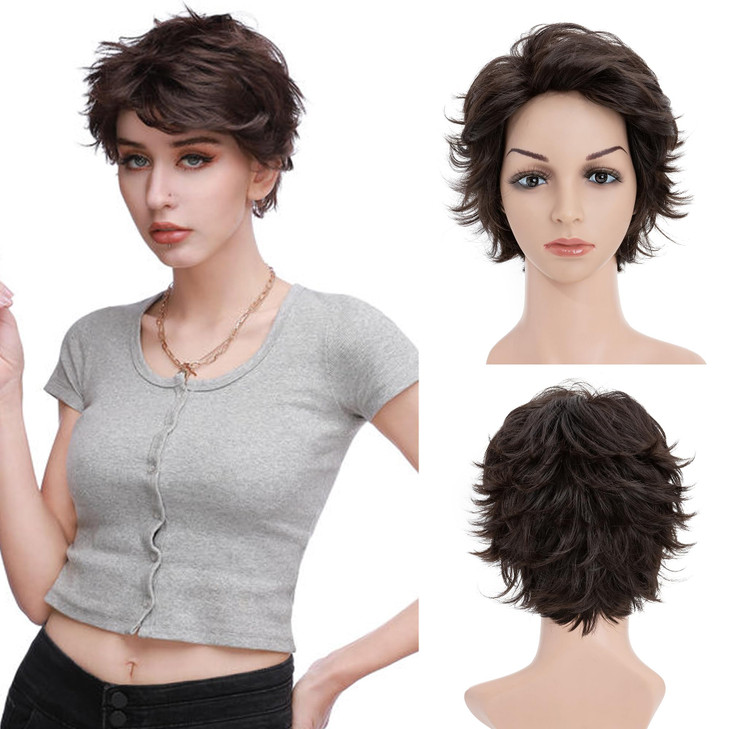 Snoilite Short Brown Wavy Curly Hair Wig Natural Short Layered Fluffy Pixie Cut Wigs for Women Synthetic Hair Full Wigs
