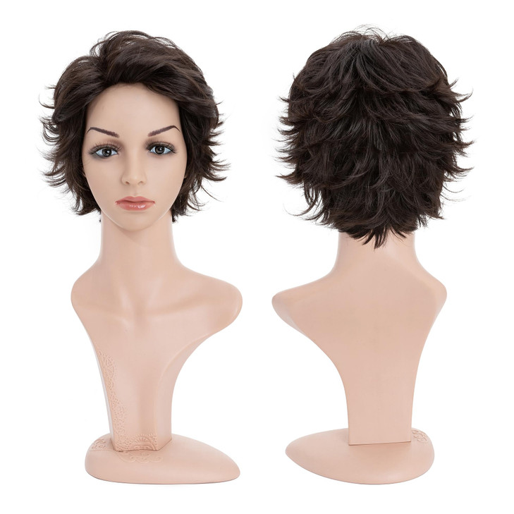 Snoilite Short Brown Wavy Curly Hair Wig Natural Short Layered Fluffy Pixie Cut Wigs for Women Synthetic Hair Full Wigs