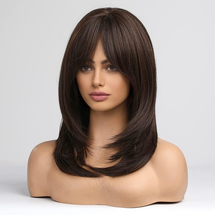 Alanhair Dark Brown Wigs for WomenHAIRCUBE ShoulderLength Layered Wigs with Bangs Heat Resistant Synthetic Fibre Wigs