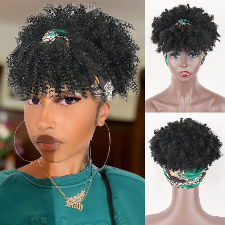 LEOSA HeadWrap Wigs 2 in 1 Head Ponytail Wrap Short Silver Kinky Curly Afro Puff with Bangs Drawstring Ponytail Extensio
