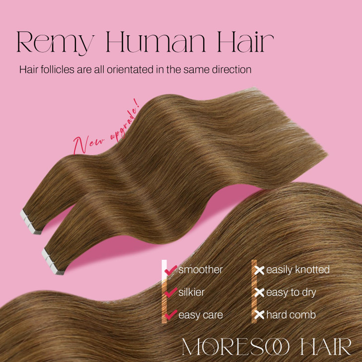 Moresoo Brown Tape in Hair Extensions Human Hair Light Brown Real Hair Tape in Extensions Remy Human Hair Invisible Tape