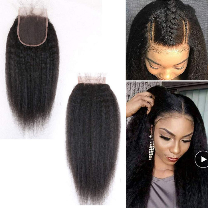 16Italian Coarse Yaki Straight Curly Lace Closure Afro Kinky Straight Human Hair 4x4Top Closures Piece with Baby Hair Fo