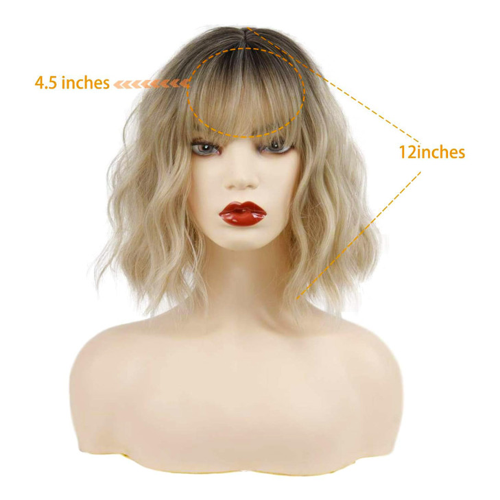 MISSQUEEN Short Blonde Wig with Bangs Synthetic Wavy Blonde Bob Wig Curly Heat Resistant Ombre Blonde Hair Wig for Women