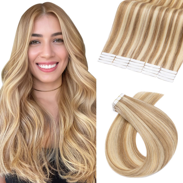 Benehair Remy Tape in Hair Extensions Human Hair Medium BrownDark Blonde Seamless Skin Weft Tape in Real Human Hair Exte