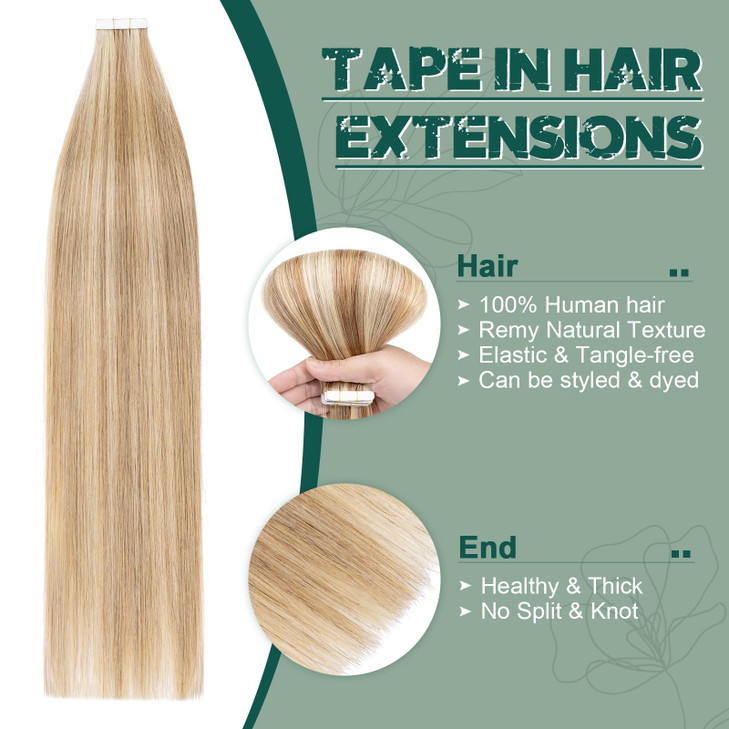 Benehair Remy Tape in Hair Extensions Human Hair Medium BrownDark Blonde Seamless Skin Weft Tape in Real Human Hair Exte