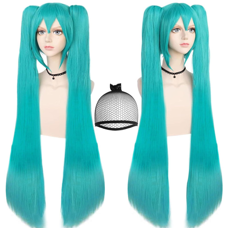ANOGOL Hair Cap48inch120cm Green Wig Cosplay Green Teal wig Double Ponytail Wig Long Green Lolita Wig For Halloween Cost