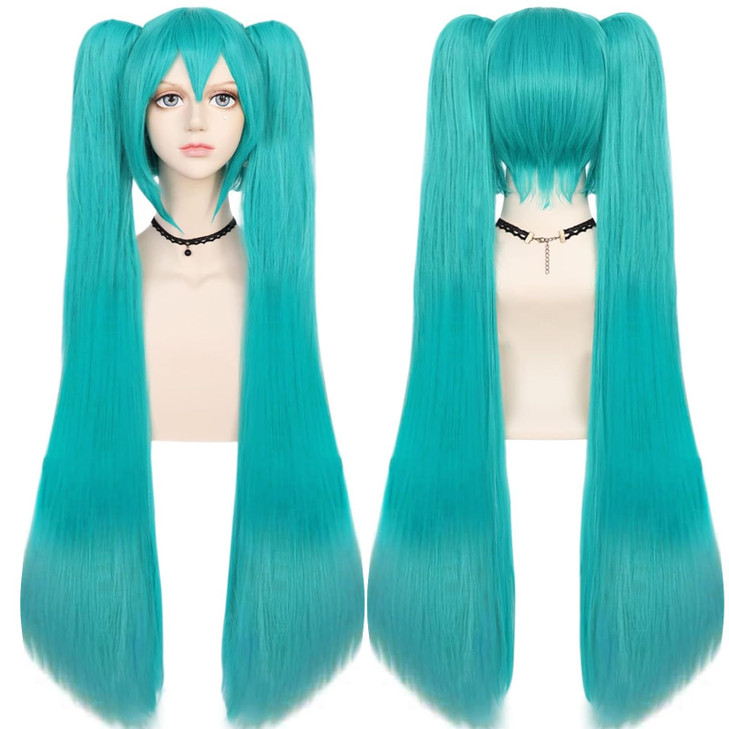 ANOGOL Hair Cap48inch120cm Green Wig Cosplay Green Teal wig Double Ponytail Wig Long Green Lolita Wig For Halloween Cost