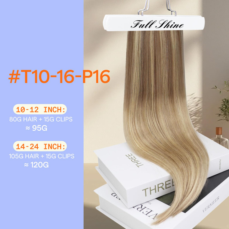 Full Shine Clip in Hair Extensions Human Hair Clip in Extensions Balayage Golden Brown to Golden Blonde Highlight Blonde