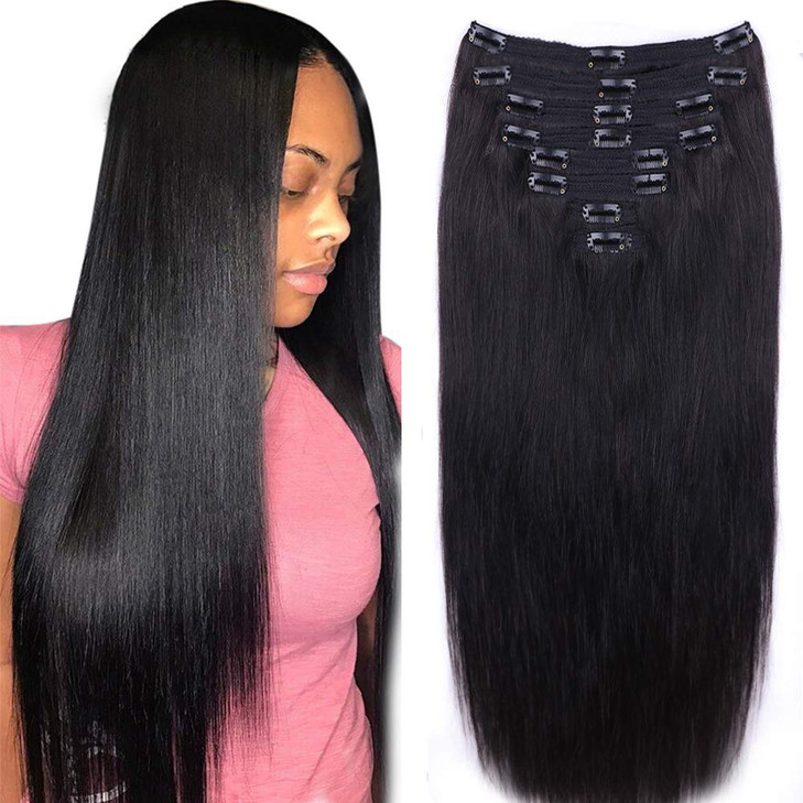 Straight Human Hair Clip in Hair Extensions for Women 100 Unprocessed Full Head Brazilian Virgin Hair Natural Black Colo