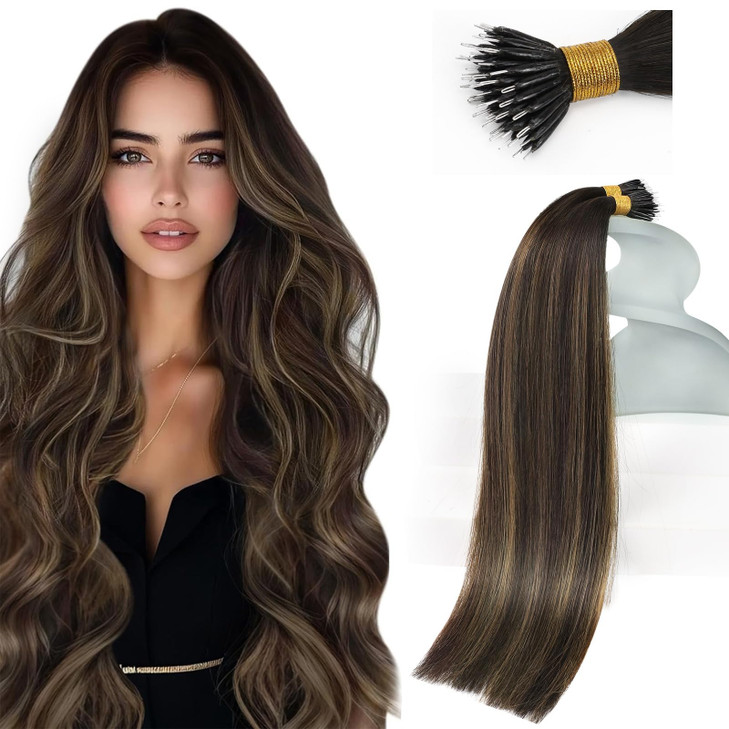 Sunny Hair 18inch Nano Bead Hair Extensions Human Hair Dark Brown Balayage Nano Hair Extensions Human Hair Invisible Nan