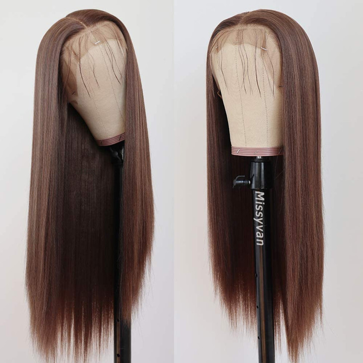 Missyvan Lace Front Wig Straight Hair Brown Color Long Wigs Glueless Heat Resistant Fiber Hair Dark Brown Synthetic Lace