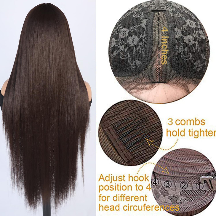 Missyvan Lace Front Wig Straight Hair Brown Color Long Wigs Glueless Heat Resistant Fiber Hair Dark Brown Synthetic Lace