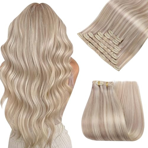 Easyouth Clip in Real Human Hair Extensions Highlight Straight Hair Extensions Clip ins Warm Ash Blonde Highlights Bleac