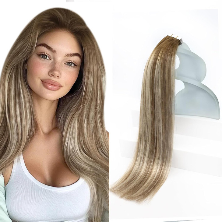 Sunny Hair Tape in Hair Extensions Medium Brown Balayage Blonde Tape in Hair Extensions Human Hair 14 inch Remy Hair Ext