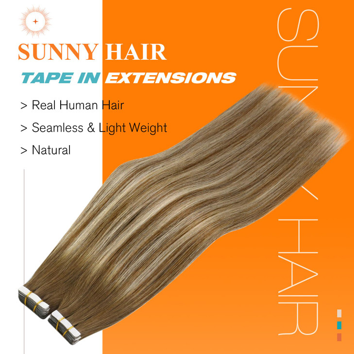 Sunny Hair Tape in Hair Extensions Medium Brown Balayage Blonde Tape in Hair Extensions Human Hair 14 inch Remy Hair Ext