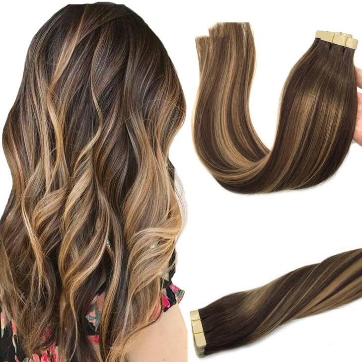 GOO GOO Tape in Hair Extensions Human Hair 4274 Balayage Chocolate Brown to Caramel Blonde 14inch 50g 20pcs Thick Ends S