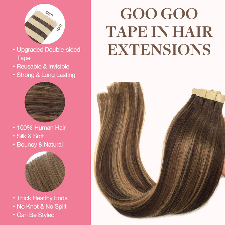 GOO GOO Tape in Hair Extensions Human Hair 4274 Balayage Chocolate Brown to Caramel Blonde 14inch 50g 20pcs Thick Ends S