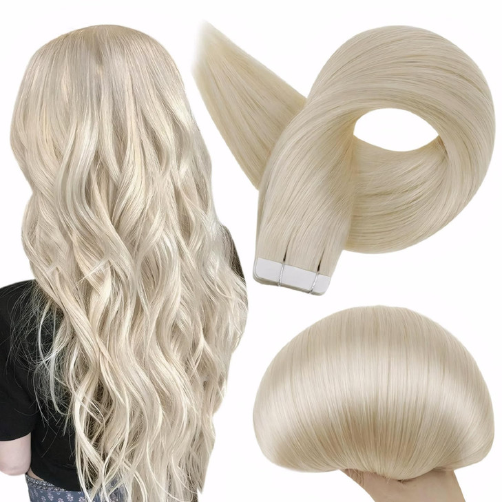 Full Shine Tape in Hair Extensions Human Hair 60 Platinum Blonde Tape Hair Extensions Real Human Hair 18Inch Seamless Sk