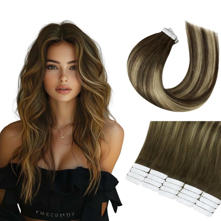 GEELOOK Tape in Hair Extensions Human Hair 16inch Skin Weft Straight Thick Natural with 12 Pieces Replacement Tape 20pcs