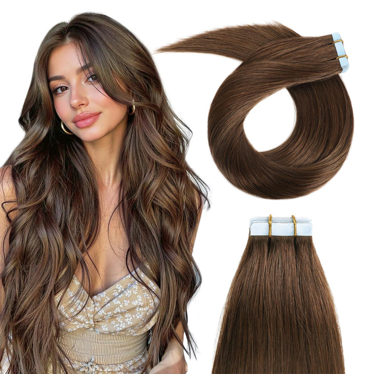 YILITE Tape in Hair Extensions 4 Medium Brown Color Remy Human Hair Silky Straight Seamless Skin Weft Real Natural Hair