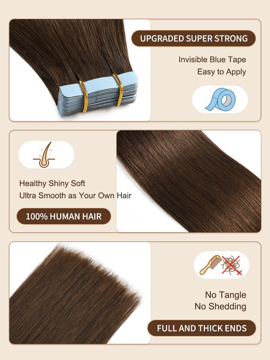 YILITE Tape in Hair Extensions 4 Medium Brown Color Remy Human Hair Silky Straight Seamless Skin Weft Real Natural Hair