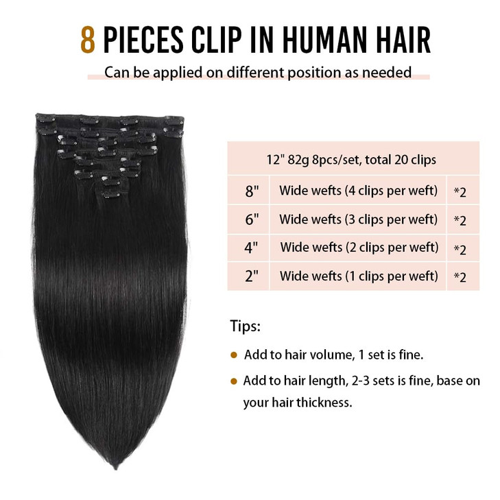 Real Clip in Hair Extensions Black 8 Pieces Premium Womens Straight Double Weft Thick Remy Hair Extensions Clip in on Hu