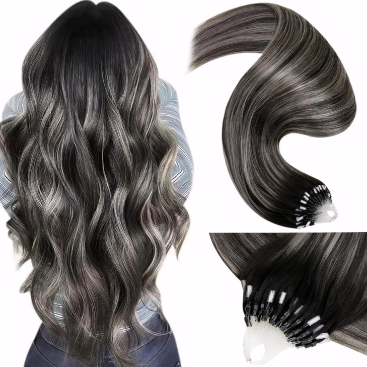LaaVoo Microlink Hair Extensions Human Hair Ombre Black Microbead Hair Extensions Human Hair Off Black Balayage Grey Sil