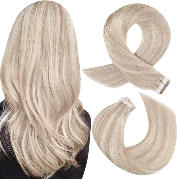 Moresoo Blonde Tape in Hair Extensions Human Hair Highlighted Hair Extensions Tape ins Ash Blonde Highlighted with Bleac